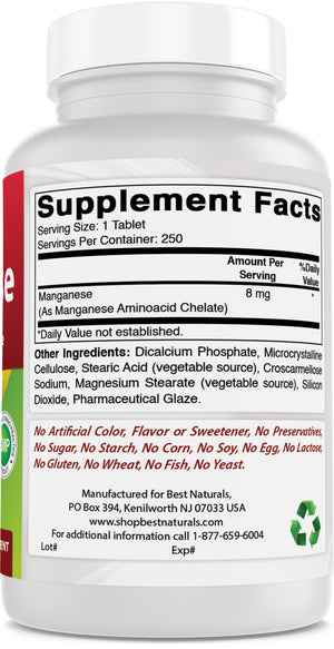 Best Naturals Manganese (Manganese Amino Acid Chelate) 8 mg- 250 Tablets