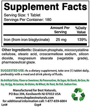 Best Naturals Iron Supplement (Iron Bisglycinate) - 25mg - 180 Tablets - Gentle of Stomach - Non-Constipating