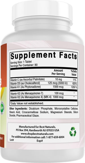 Best Naturals K-Complex with K1 (Phytonadione 1500 mcg + K2 as Menaquinone 100 mcg + K2 as MK-4 1000 mcg) + D3 + VIT. C - 90 Tablets - Made in The USA
