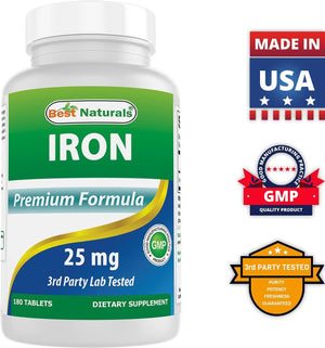 Best Naturals Iron Supplement (Iron Bisglycinate) - 25mg - 180 Tablets - Gentle of Stomach - Non-Constipating