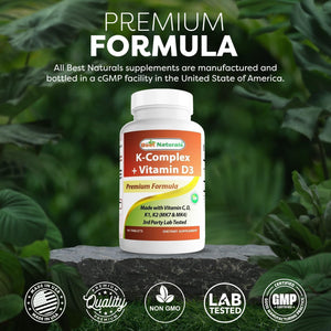 Best Naturals K-Complex with K1 (Phytonadione 1500 mcg + K2 as Menaquinone 100 mcg + K2 as MK-4 1000 mcg) + D3 + VIT. C - 90 Tablets - Made in The USA