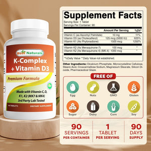 Best Naturals K-Complex with K1 (Phytonadione 1500 mcg + K2 as Menaquinone 100 mcg + K2 as MK-4 1000 mcg) + D3 + VIT. C - 90 Tablets - Made in The USA