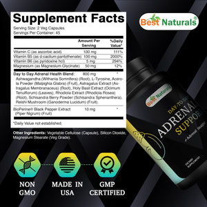 Best Naturals Day-to-Day Adrenal Support Supplements - 90 Veg Capsules - Made with Ashwagandha, L-Tyrosine, Magnesium, Rhodiola & Holy Basil & Bioperine