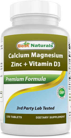 Best Naturals Calcium Magnesium Zinc with Vitamin D3, 150 Tablets - Calcium 1000 mg, Magnesium 400 mg, Zinc 25 mg & D3 600 IU per Serving (3 Tablets)