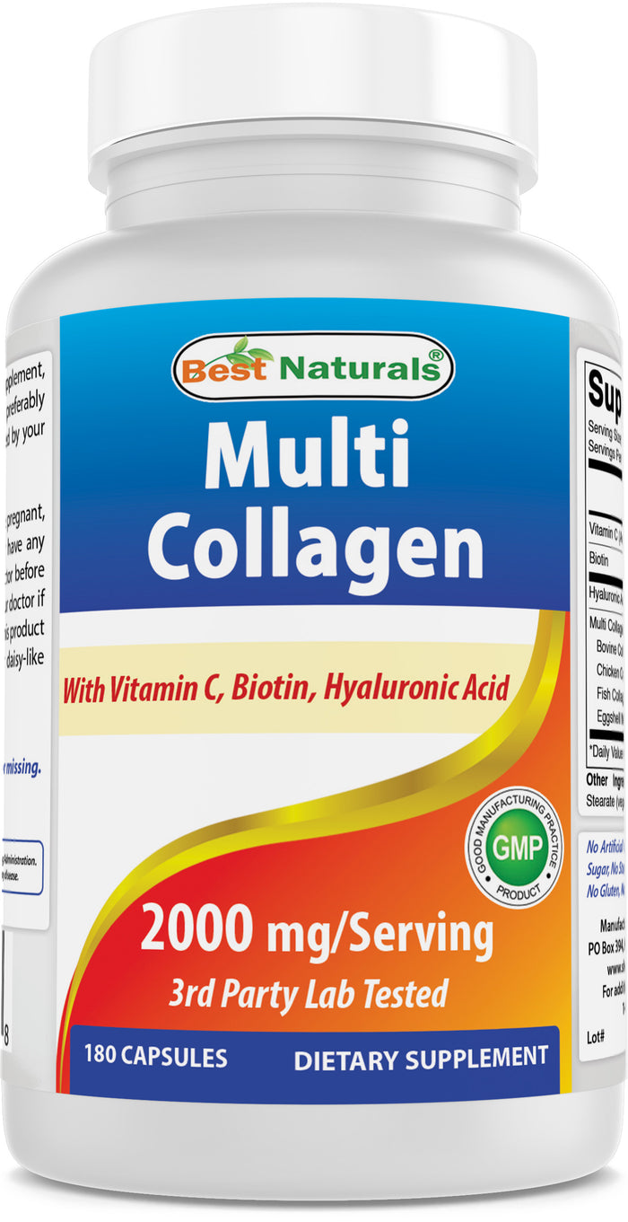 Best Naturals Multi Collagen Pills 2000mg for Women & Men - Hydrolyzed Collagen Peptides Capsules for Hair Skin and Nails with Types I II III V X, Biotin, Hyaluronic Acid & Vitamin C