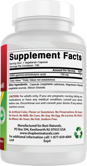 Best Naturals Gaba 750 mg 100 Vegetarian Capsules