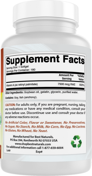 Best Naturals Vitamin A 25000 IU (7500 mcg), Non-GMO Formula Supports Healthy Vision & Immune System and Healthy Growth & Reproduction, 180 Softgels