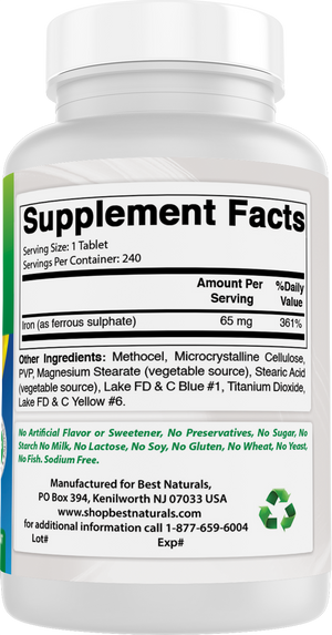 Best Naturals Iron Supplement - 65 mg - 240 Tablets - Non-GMO & Gluten Free