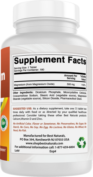 Best Naturals Magnesium Oxide 500 mg 180 Tablets