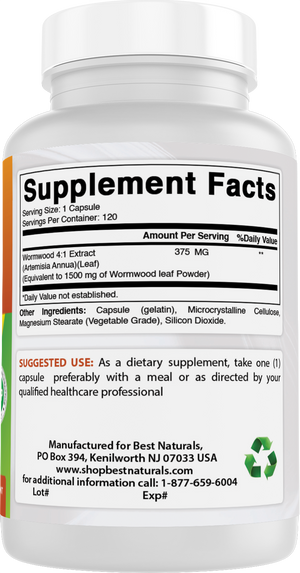 Best Naturals Wormwood Extract 1500 mg Equaivalent Per Serving-120 Capsules. Gluten Free, Non-GMO