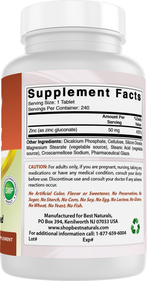 Best Naturals Zinc Supplement as Zinc Gluconate 50mg 240 Tablets