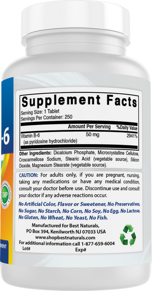 Best Naturals Vitamin B-6 50 mg 250 Tablets