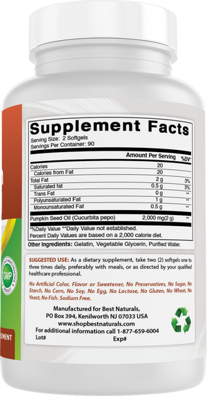Best Naturals Pumpkin Seed Oil 1000mg – 180 Softgels