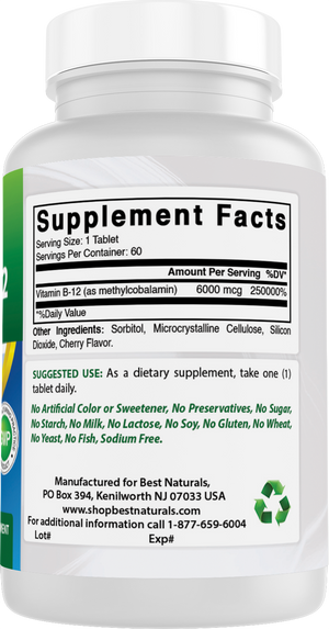 Best Naturals Vitamin B-12 as Methylcobalamin (Methyl B12), 6000 mcg Tablet, 60 Count