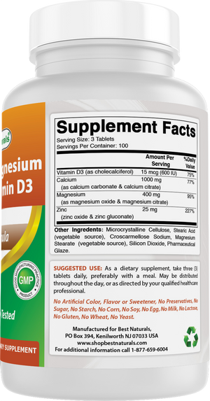 Best Naturals Calcium Magnesium Zinc with Vitamin D3, 300 Tablets - Calcium 1000 mg, Magnesium 400 mg, Zinc 25 mg & D3 600 IU per Serving (3 Tablets)