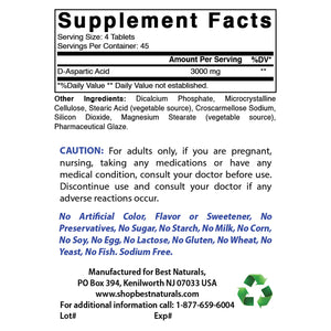 Best Naturals D Aspartic Acid (DAA) 3000mg per Serving - Non-GMO & Gluten Free - 180 Tablets