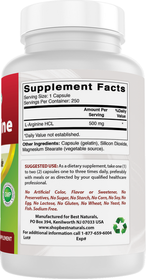 Best Naturals L-Arginine 500 mg 250 Capsules