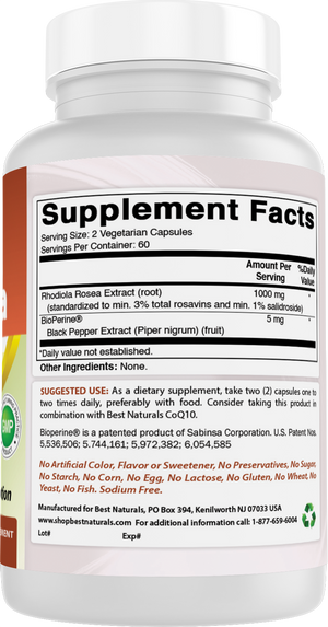 Best Naturals Rhodiola 1000 mg with 5 mg Bioperine 120 Vegetarian Capsules