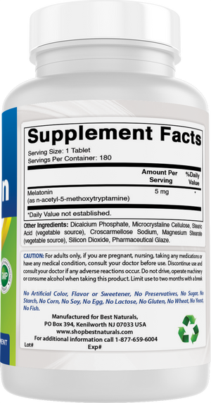 Best Naturals Melatonin 5 mg 180 Tablets | Drug-Free Nighttime Sleep Aid - Melatonin for Sleep and Relaxation