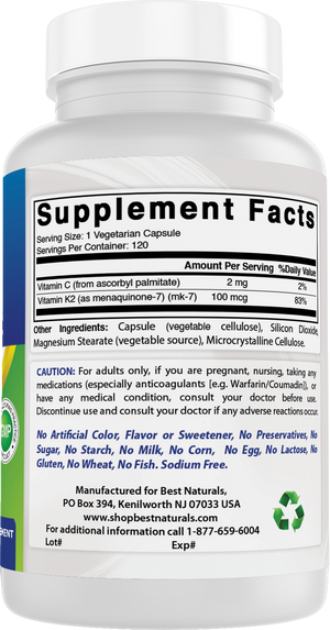 Best Naturals MK-7 Vitamin K2 100 mcg 120 Vegetarian Capsules