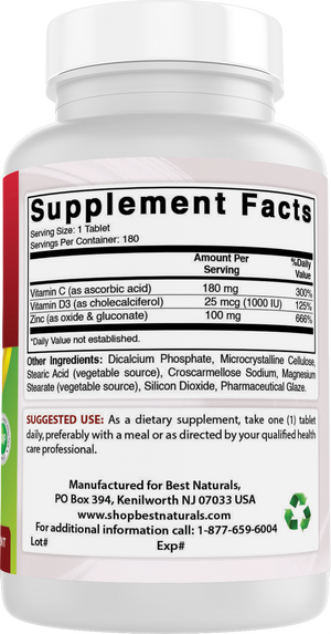 Best Naturals Zinc 100 mg with Vitamin C & D3 180 Tablets Gluten Free and Non-GMO