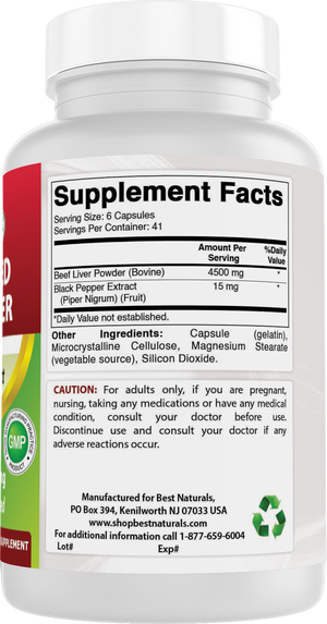 Best Naturals Grass Fed Beef Liver Capsules 4500mg 250 Count