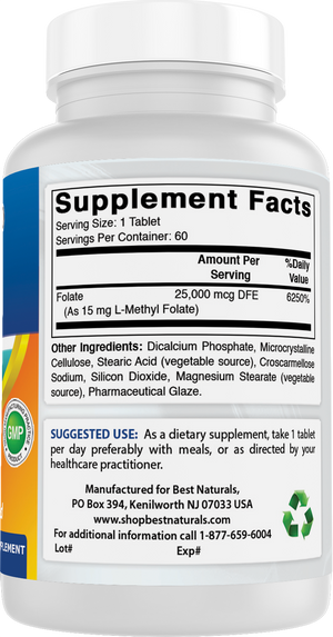 Best Naturals Methyl Folate 15000 mcg (15mg) (Most Bio-Available) 60 Tablets