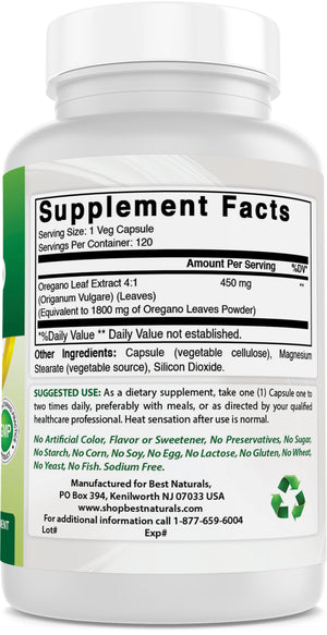 Best Naturlas Oregano Leaf Extract 1800 mg Equivalent Per Serving - 120 Veg Capsules