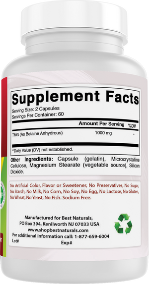 Best Naturals TMG Trimethylglycine (as Betaine Anhydrous) 1000 mg Serving - 120 Capsules - Healthy Homocysteine Levels & Methylation Support