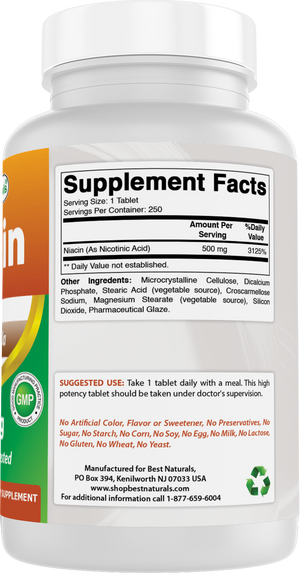 Best Naturals Niacin 500mg 250 Tablets with Flushing - Also Called Vitamin B3