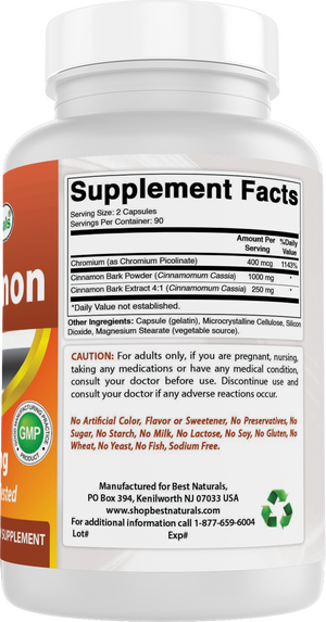 Best Naturals Cinnamon with Chromium 1000 mg 180 Capsules