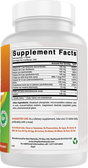 Best Naturals Vitamin B Complex with Inositol, PABA 240 Tablets - Made in The USA - Non-GMO & Gluten Free