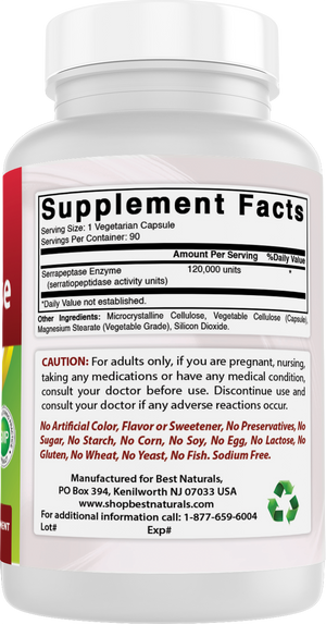 Best Naturals Serrapeptase 120000 SPUs 90 Vegetarain Capsules - Supports Sinus Health