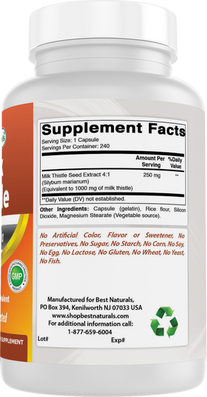 Best Naturals Milk Thistle Extract 1000mg Equivalent - 240 Capsules - Non-GMO & Gluten Free