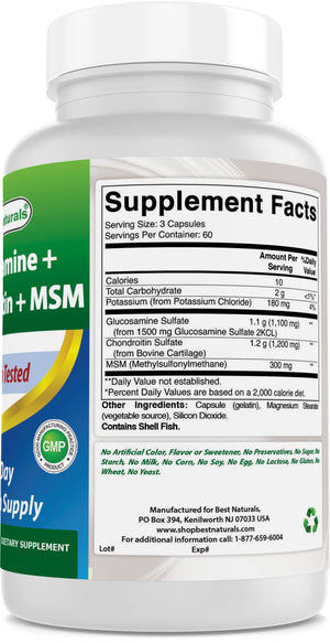 Best Naturals Glucosamine Chondroitin MSM Supplements, 2600 mg per Serving, 180 Capsules