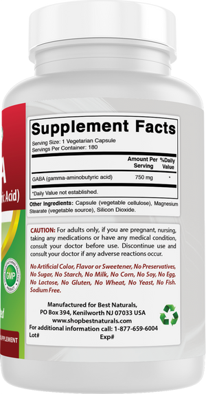 Best Naturals GABA 750mg 180 Vegetarian Capsules