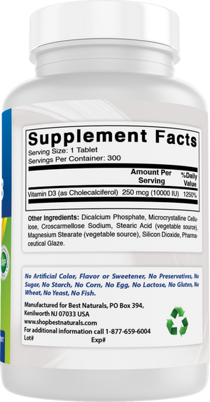 Best Naturals Vitamin D3 – 300 Tablets – Made in USA, Non-GMO, Gluten Free, No Artificial Color, Flavor or Preservatives – Dietary Supplement (10000 IU)