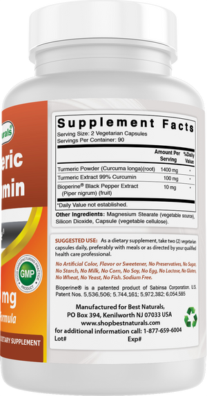 Best Naturals Turmeric Curcumin 1500mg/Serving with BioPerine - 180 Vegetarian Capsules