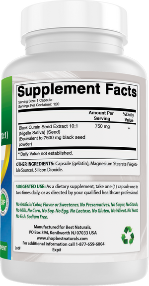 Best Naturals Black Seed (Black Cumin Seed Extract 10:1) 7500 mg Equivalent- 120 Capsules