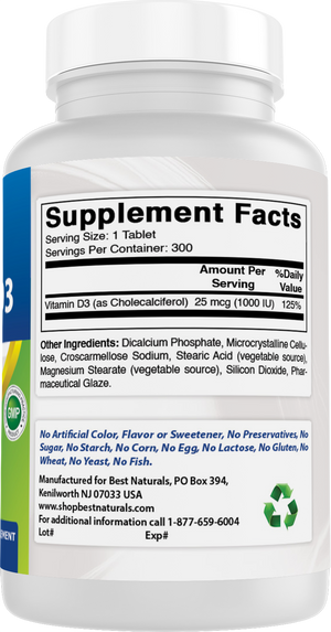 Best Naturals Vitamin D3 – 300 Tablets – Made in USA, Non-GMO, Gluten Free, No Artificial Color, Flavor or Preservatives – Dietary Supplement (1000 IU)