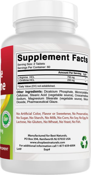 Best Naturals L-Arginine L-Ornithine - 1000mg per Serving - 120 Tablets - Non-GMO & Gluten Free