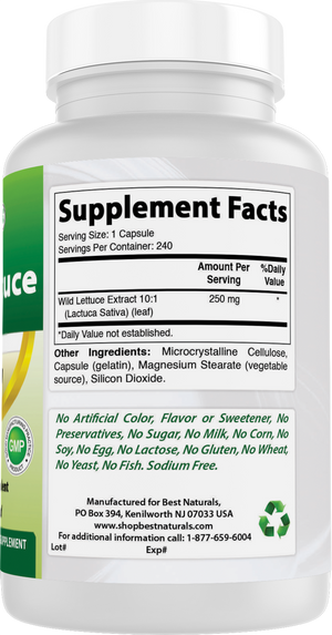 Best Naturals Wild Lettuce 10:1 Extract 250 mg (Equivalent to 2500 mg Wild Lettuce Powder) - 240 Capsules