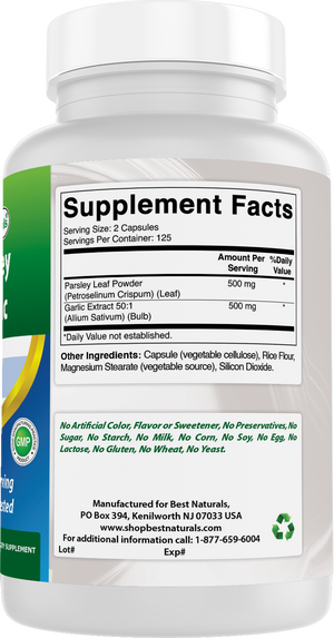 Best Naturals Parsley and Garlic 1000 mg per Serving 250 Vegetarian Capsules. Gluten Free and Non-GMO.