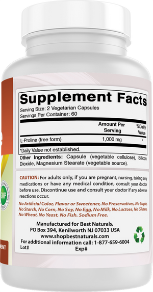 Best Naturals L-Proline 500 mg 120 Vegetarian Capsules