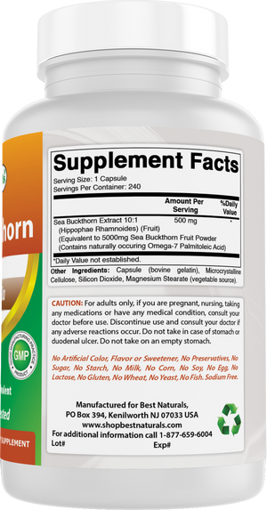 Best Naturals Sea Buckthorn Oil Powder Capsules 5000 mg Equiavelnt 240 Capsules - Non-GMO, Gluten Free - Contains Naturally Occuring Omega-7 Palmetoleic Acid