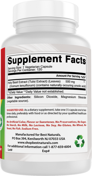 Best Naturals Holy Basil Extract 500 mg 120 Vegetarian Capsules