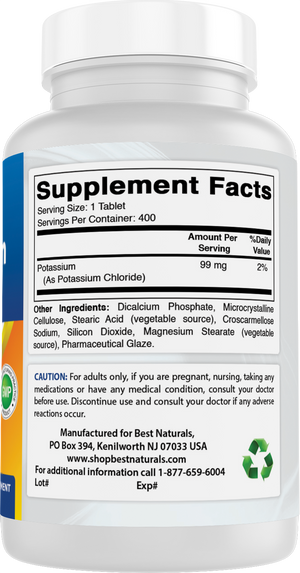 Best Naturals Potassium Chloride Supplement 99mg 400 Tablets - 3rd Party Lab Tested