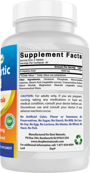Best Naturals D Aspartic Acid (DAA) 3000mg per Serving - Non-GMO & Gluten Free - 180 Tablets