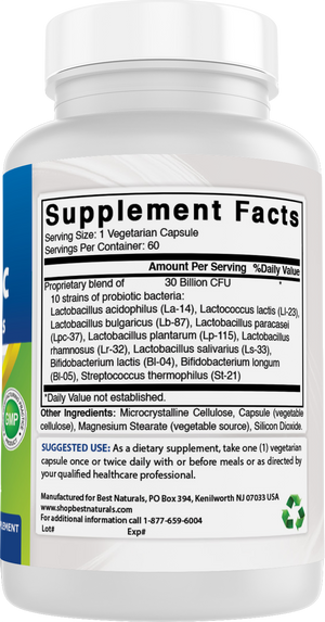 Best Naturals Probiotic 10 Strains & 30 Billion CFU's 60 Vegetarian Capsules