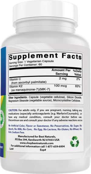 Best Naturals MK-7 Vitamin K2 100 mcg 60 Vegetarian Capsules